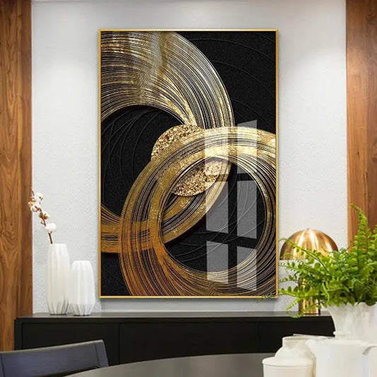 Luxury Abstract Black and Gold Foil Leaves Canvas Art  Living Room Wall Decor